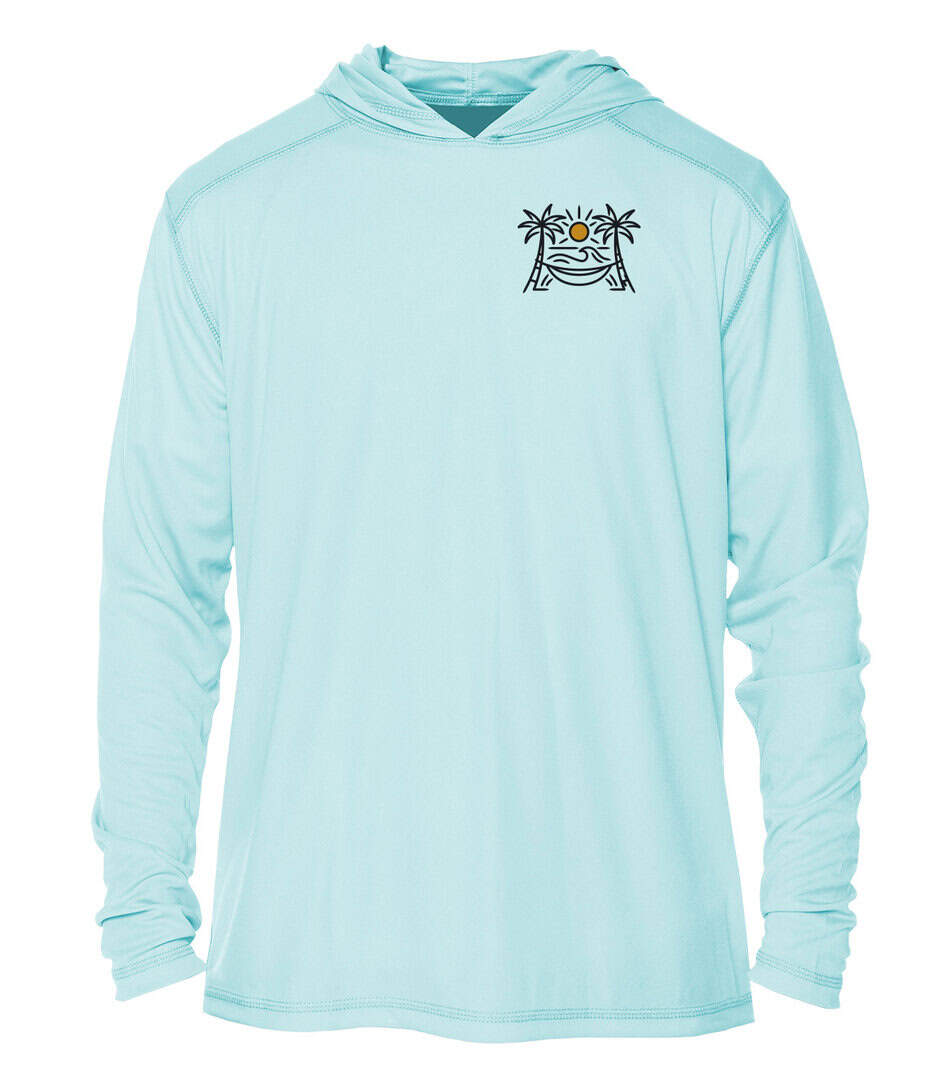 UPF 50+ sun protection hoodie with Shrimp Road Surf Co logo, perfect for beach days and outdoor acti.