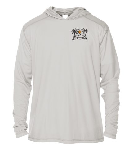 A gray Shrimp Road Surf Co - Local Vibe Sun Shirt - UV Hoodie with an image of a palm tree, perfect for those seeking a UV shirt.