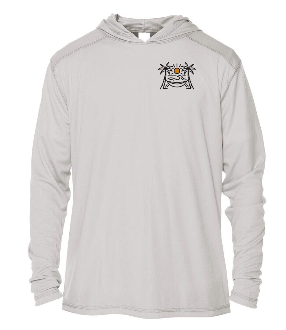 UPF 50+ sun hoodie with Shrimp Road Surf Co logo, perfect for beach days.