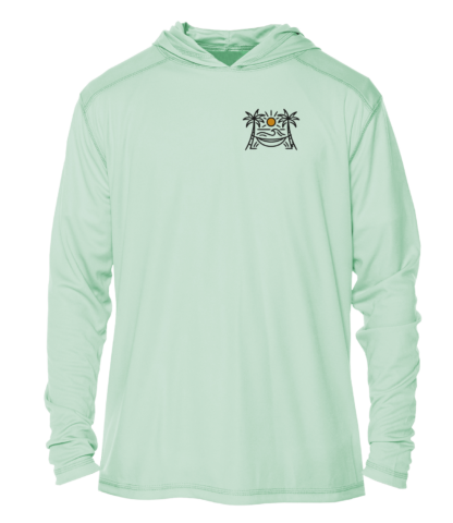 A Shrimp Road Surf Co - Local Vibe Sun Shirt - UV Hoodie with an embroidered palm tree.
