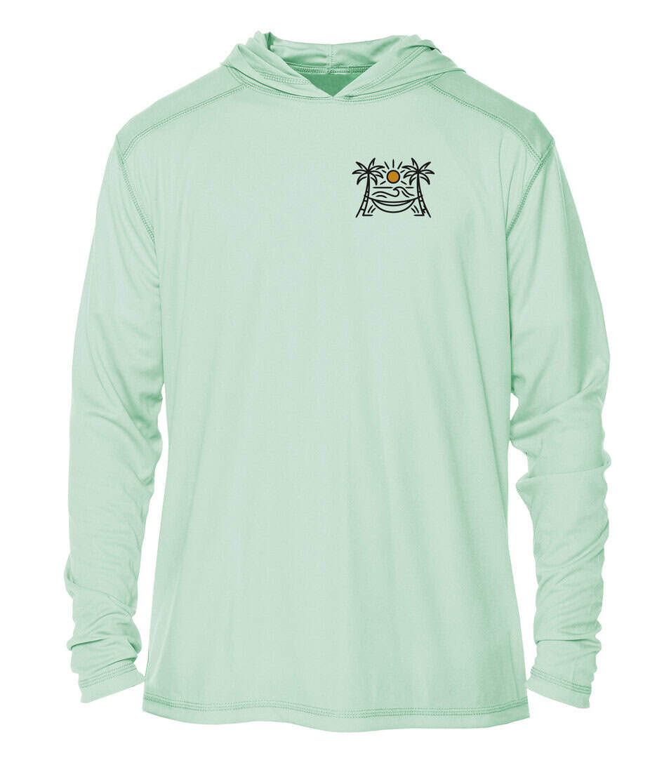 Sun Hoodie with Shrimp Road Surf Co logo and palm trees, UPF 50+ protection.