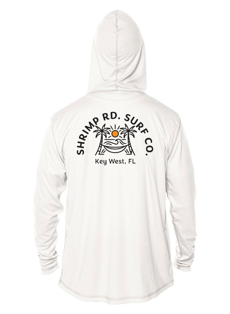 Hooded UPF 50+ sun shirt with Shrimp Road Surf Co logo, perfect for beach days.