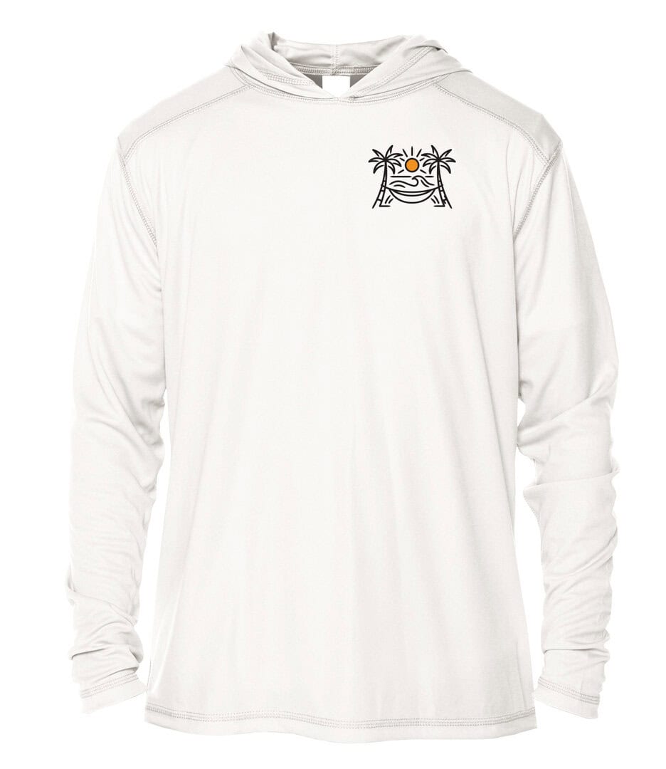 White UPF 50+ hoodie featuring Shrimp Road Surf Co logo and sun design, perfect for sun protection.