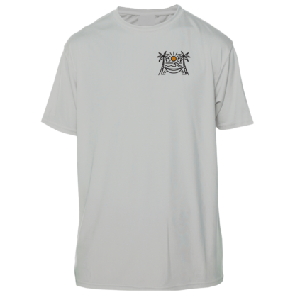 A gray Shrimp Road Surf Co - Local Vibe Sun Shirt - UV Crew Short Sleeve with an image of a palm tree on it.