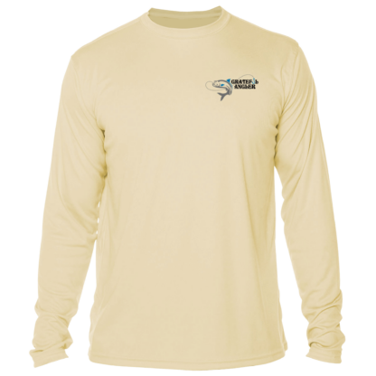 The men's Grateful Angler Skeleton Anglers UV Shirt with the logo on it.
