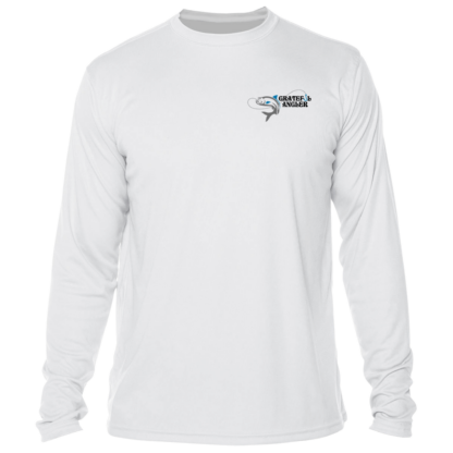 A Grateful Angler Skeleton Anglers UV Shirt with a logo on it.
