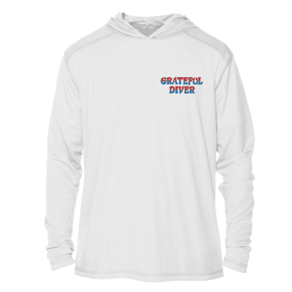 A Grateful Diver Sugar Skull UPF 50+ Hoodie with a blue and red logo on it.
