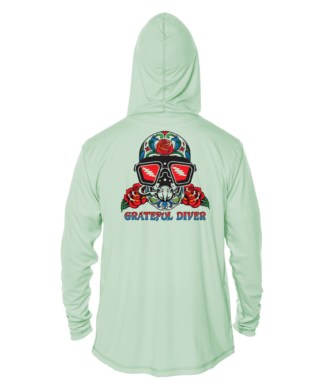 A Grateful Diver Sugar Skull UPF 50+ Hoodie with a skull and crossbones on it.