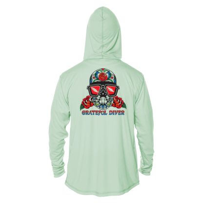 A Grateful Diver Sugar Skull UPF 50+ Hoodie with a skull and crossbones on it.