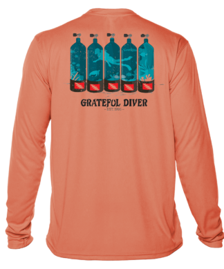 Grateful Diver Dive Tanks UV Shirt in salmon back shot off figure