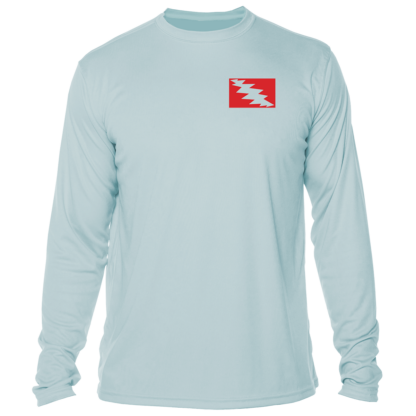 A Grateful Diver Skeleton Diver Short Sleeve UV Shirt with a red and white flag on it.
