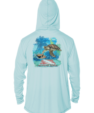 A Grateful Diver Aloha Turtle UV Hoodie with an image of a turtle in the ocean.