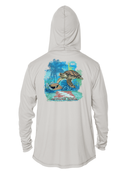 A Grateful Diver Aloha Turtle UV Hoodie with an image of a turtle in the ocean.