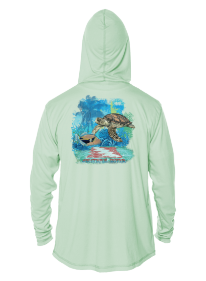 A Grateful Diver Aloha Turtle UV Hoodie with an image of a turtle in the ocean.