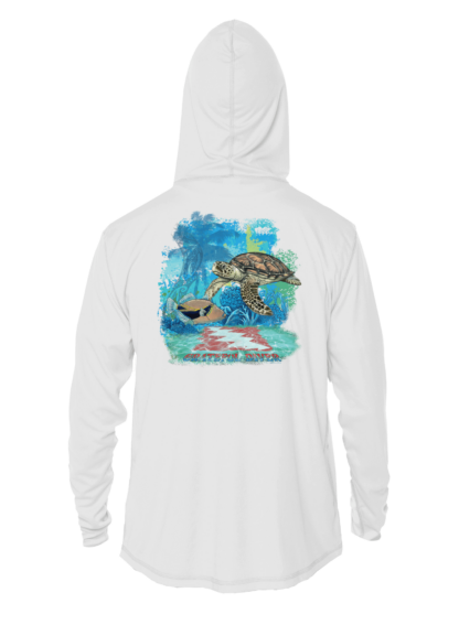A Grateful Diver Aloha Turtle UV Hoodie with an image of a turtle in the ocean.