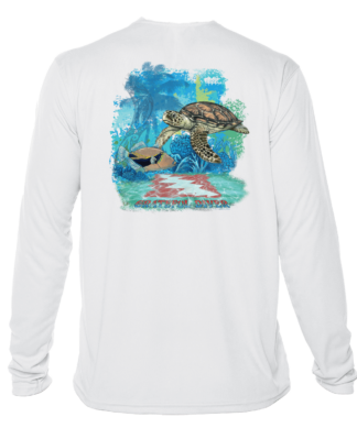 A Grateful Diver Aloha Turtle UV Shirt with an image of a turtle.