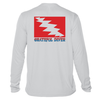 The Grateful Diver Classic UV Shirt logo on a white long sleeve shirt.