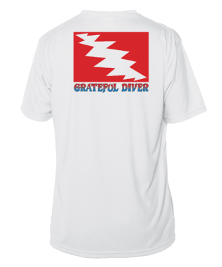 A white Grateful Diver Classic Short Sleeve UV Shirt with the words grateful river on it.