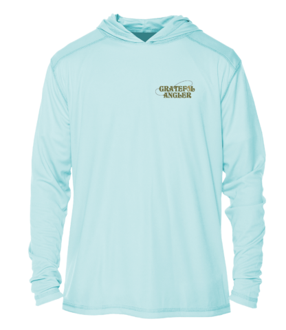 A Grateful Angler Sugar Skull UV Hoodie with a logo on it.