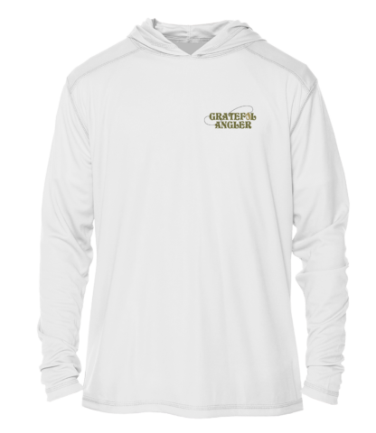 A Grateful Angler Sugar Skull UV Hoodie with a logo on it.