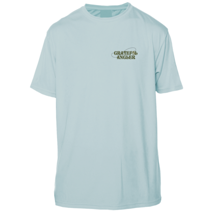 A Grateful Angler Fly Fishing Sugar Skull Short Sleeve UV Shirt with a green logo on it.