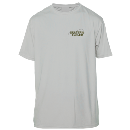 A Grateful Angler Fly Fishing Sugar Skull Short Sleeve UV Shirt with a green logo on it.