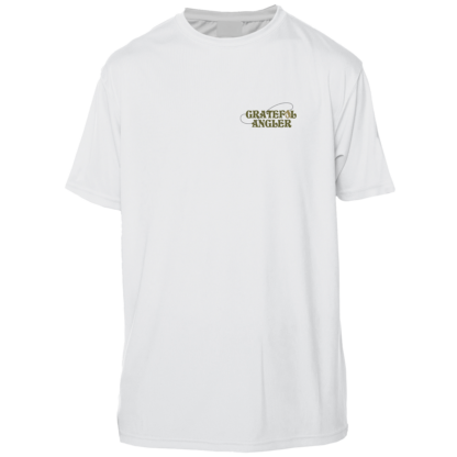 A Grateful Angler Fly Fishing Sugar Skull Short Sleeve UV Shirt with a green logo on it.