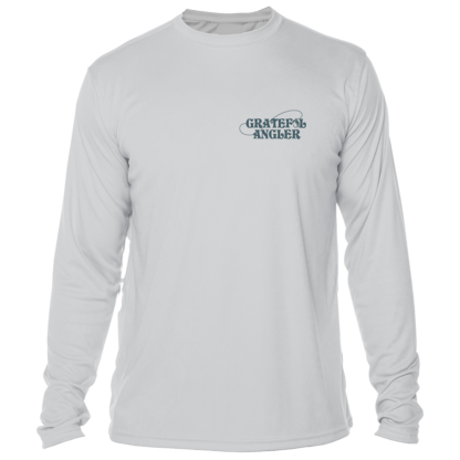 A Grateful Angler Keys Tarpon UV Shirt with a logo on the front.