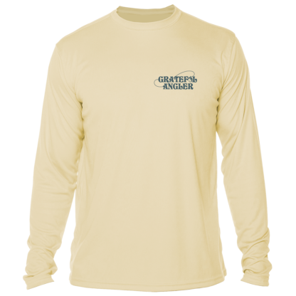 A Grateful Angler Keys Tarpon UV Shirt with a logo on the front.