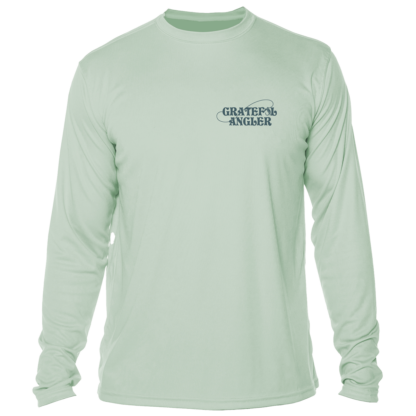 A Grateful Angler Keys Tarpon UV Shirt with a logo on the front.