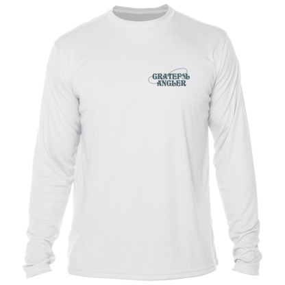 A white long-sleeve t-shirt with the words Grateful Angler Keys Tarpon UV Shirt on it.