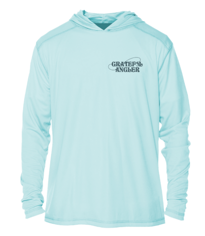 A Grateful Angler Mountain Trout UV Hoodie with a logo on it.