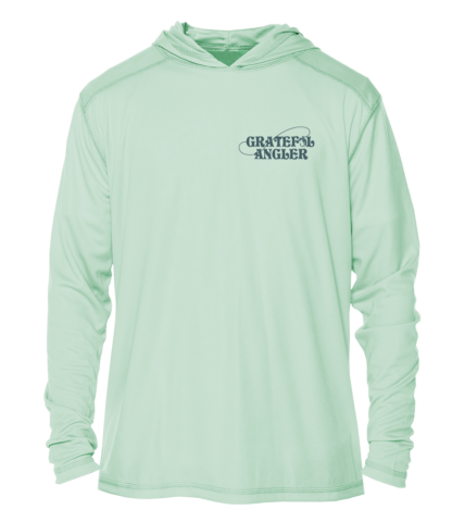 A Grateful Angler Keys Tarpon UV Hoodie with a logo on it.