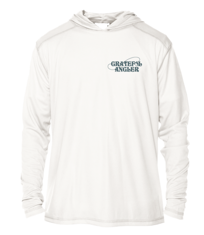 A Grateful Angler Keys Tarpon UV Hoodie with a logo on it.