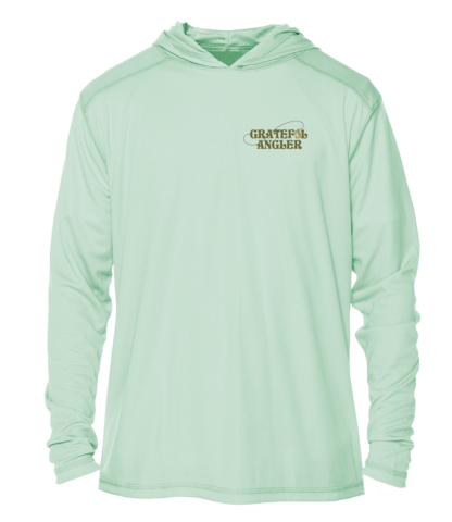 The Grateful Angler Mountain Fishing UV Hoodie in mint green with a gold logo.