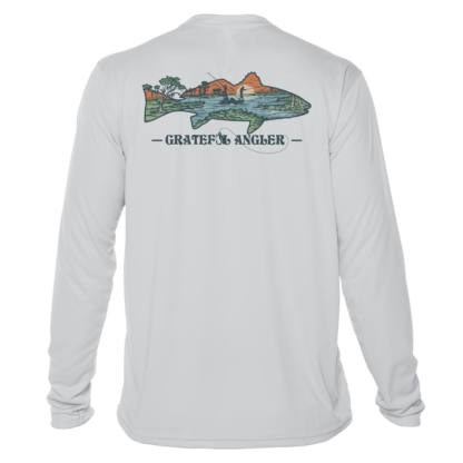 A Grateful Angler Lowcountry Redfish UV Shirt with an image of a rainbow trout.