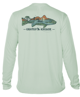 A Grateful Angler Lowcountry Redfish UV Shirt with an image of a rainbow trout.