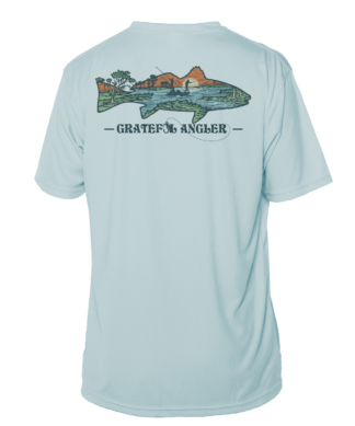 A Grateful Angler Lowcountry Redfish Short Sleeve UV Shirt with an image of a fish.