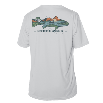 A Grateful Angler Lowcountry Redfish Short Sleeve UV Shirt with an image of a trout on it.