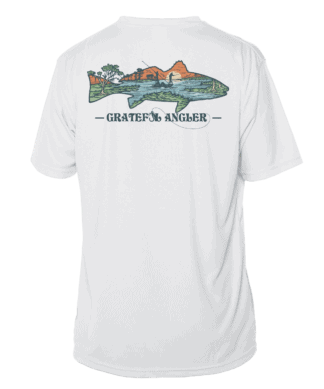 Redfish fishing shirt with "Grateful Angler" text and scenic Lowcountry illustration.