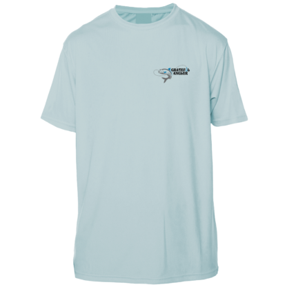 A light blue Grateful Angler Skeleton Anglers Short Sleeve UV Shirt with an arrow on it.