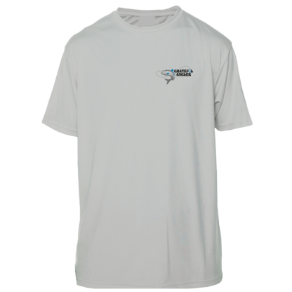 A Grateful Angler Skeleton Anglers Short Sleeve UV Shirt with a blue logo on it.