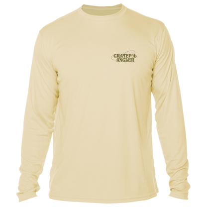 A Grateful Angler Mountain Fishing UV shirt with a logo on it.