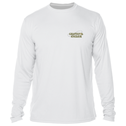 A Grateful Angler Mountain Fishing UV Shirt with a green logo.