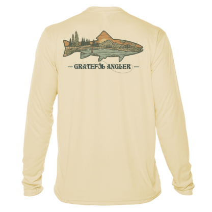 A Grateful Angler Mountain Trout UV Shirt with an image of a fish.