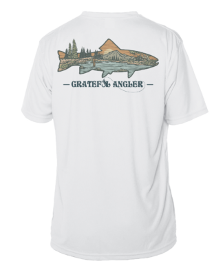 A Grateful Angler Mountain Trout Short Sleeve UV Shirt with an image of a fish and trees.