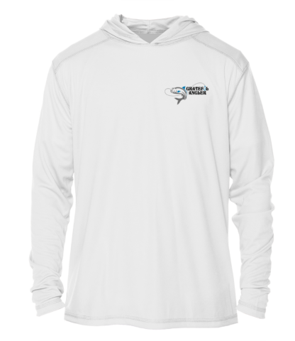 A Grateful Angler Skeleton Anglers UV Hoodie with a blue logo on it.