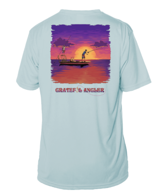 A Grateful Angler Skeleton Anglers Short Sleeve UV Shirt with an image of a boat at sunset.