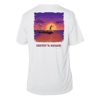 A Grateful Angler Skeleton Anglers Short Sleeve UV Shirt with an image of a boat at sunset.