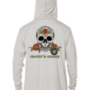 A Grateful Angler Sugar Skull UV Hoodie with a skull and roses on it.